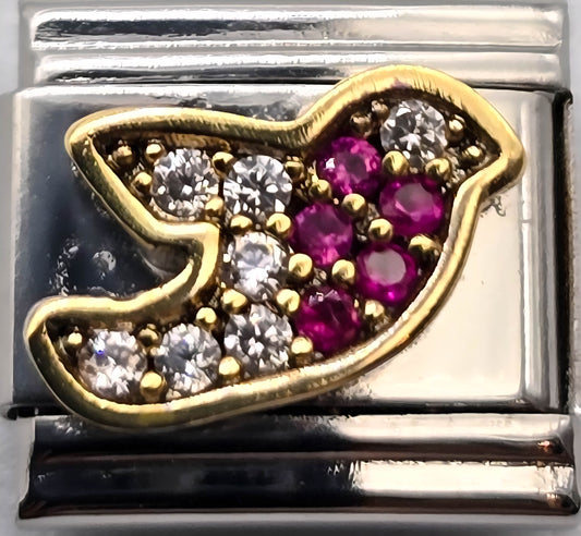 CHARM PAJARITO CIRCONIAS BLANCAS Y ROJAS PULSERA ITALIANA