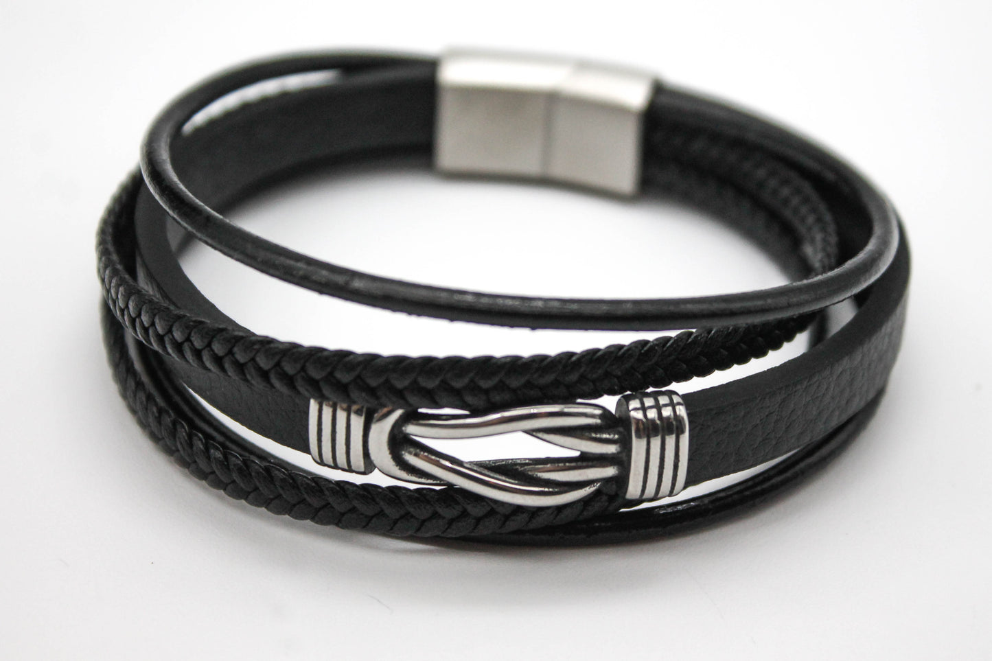 PULSERA CABALLERO PIEL NEGRA 5 EN 1 NUDO DE ACERO