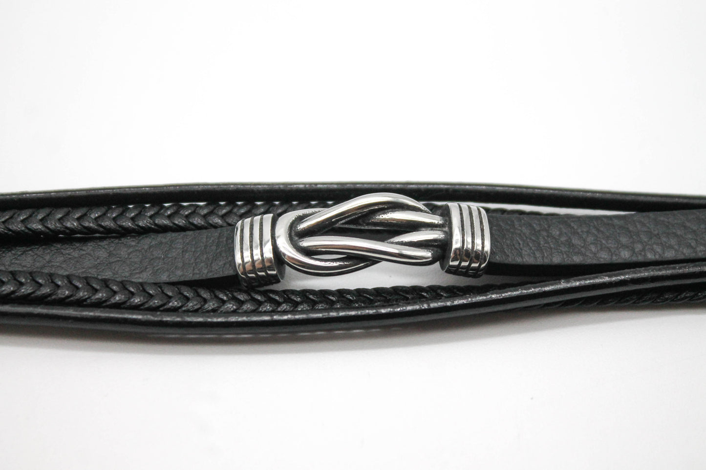 PULSERA CABALLERO PIEL NEGRA 5 EN 1 NUDO DE ACERO