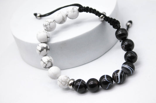 PULSERA TEJIDA HILO NEGRO PIEDRAS NATURALES 10MM NEGRO/BLANCO