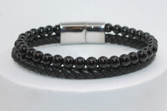 PULSERA CABALLERO PIEL 2-1 TRENZA Y ESFERAS NEGRAS; BROCHE PLATEADO