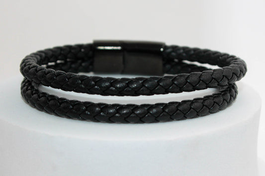 PULSERA CABALLERO PIEL NEGRA DOBLE TRENZA TUBULAR; BROCHE NEGRO