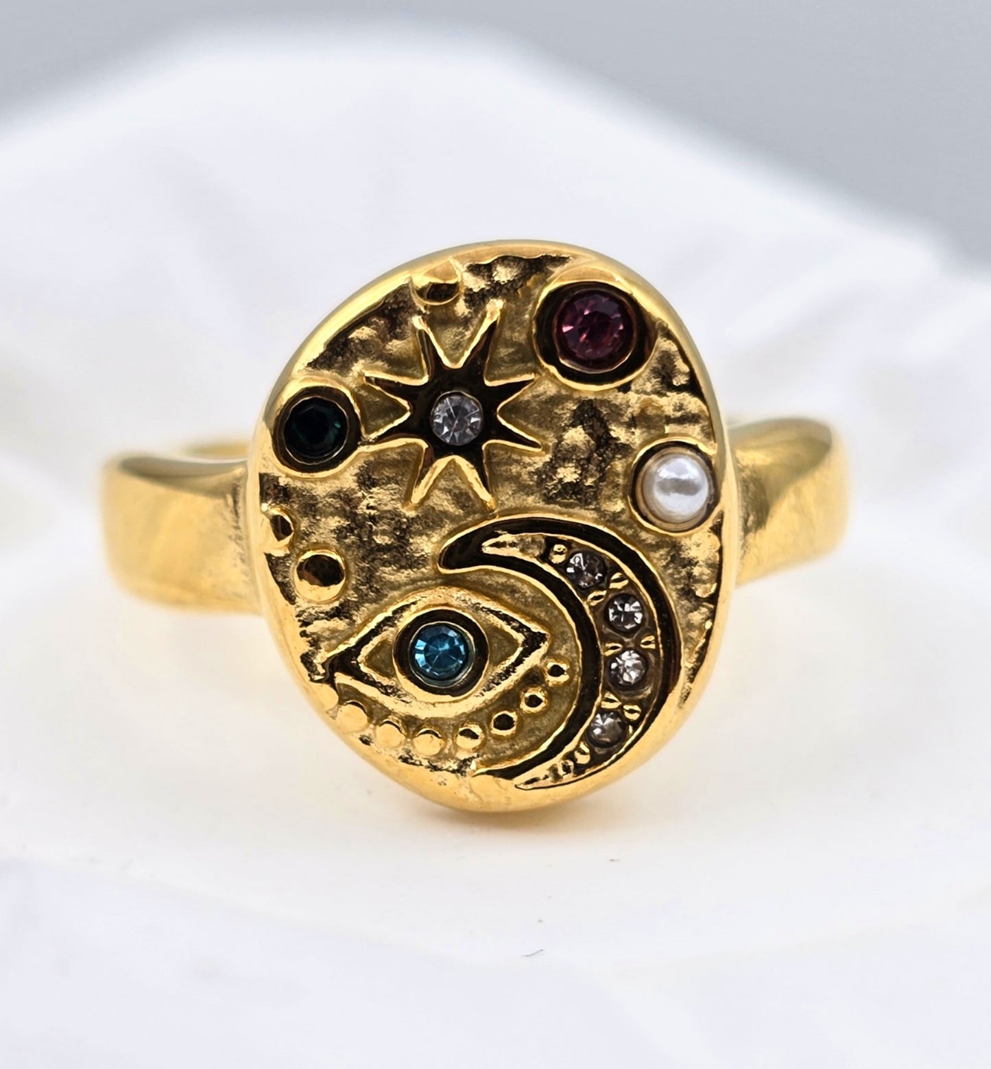 *ANILLO LUNA, OJO, ESTRELLA, PERLA; TONO DORADO*