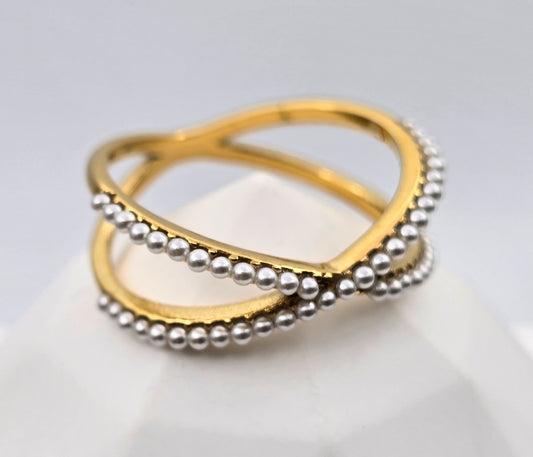 *ANILLO MINI PERLAS EN CRUZ, TONO DORADO*