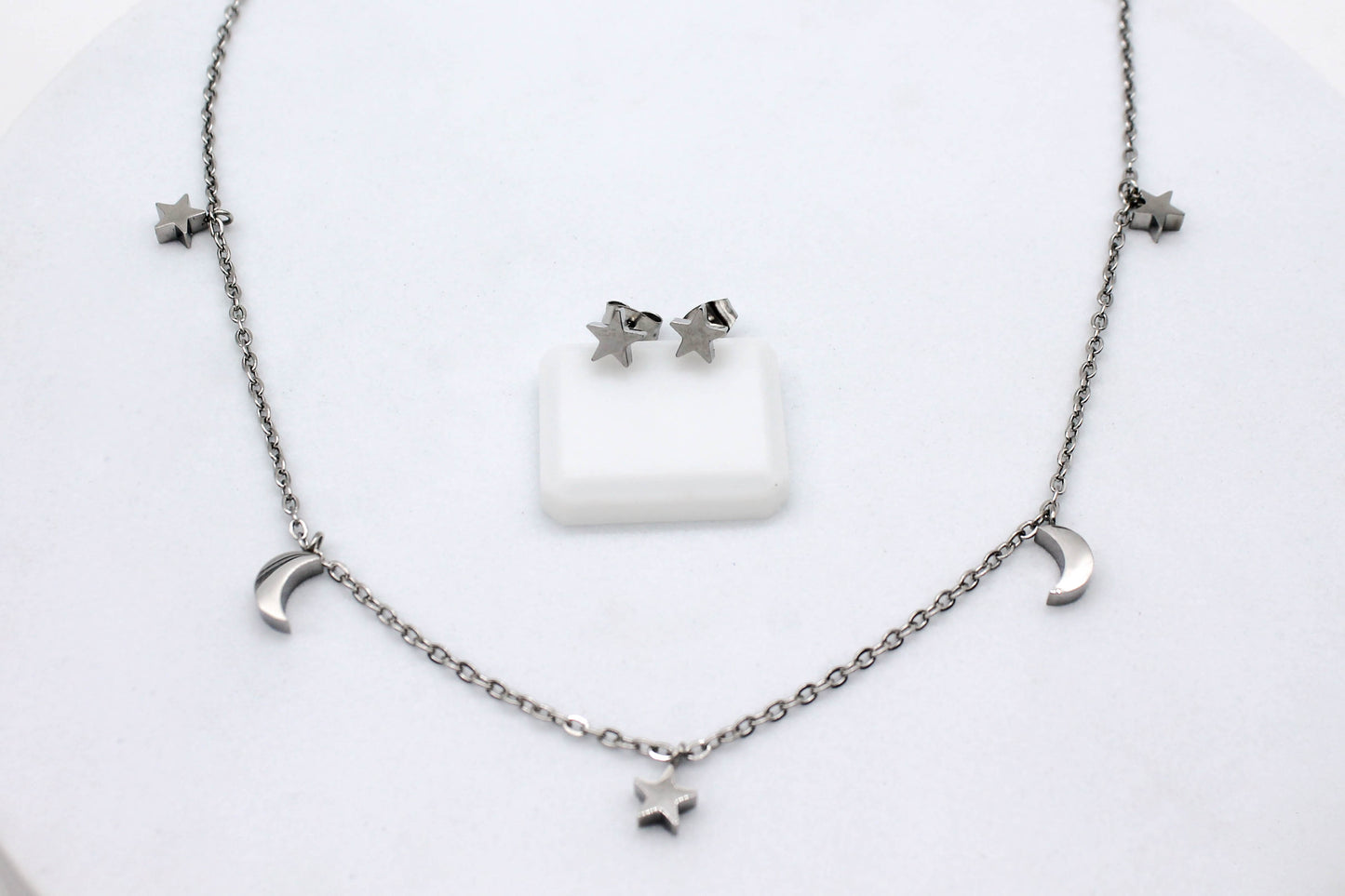 SET LUNAS Y ESTRELLAS MINI; TONO PLATEADO