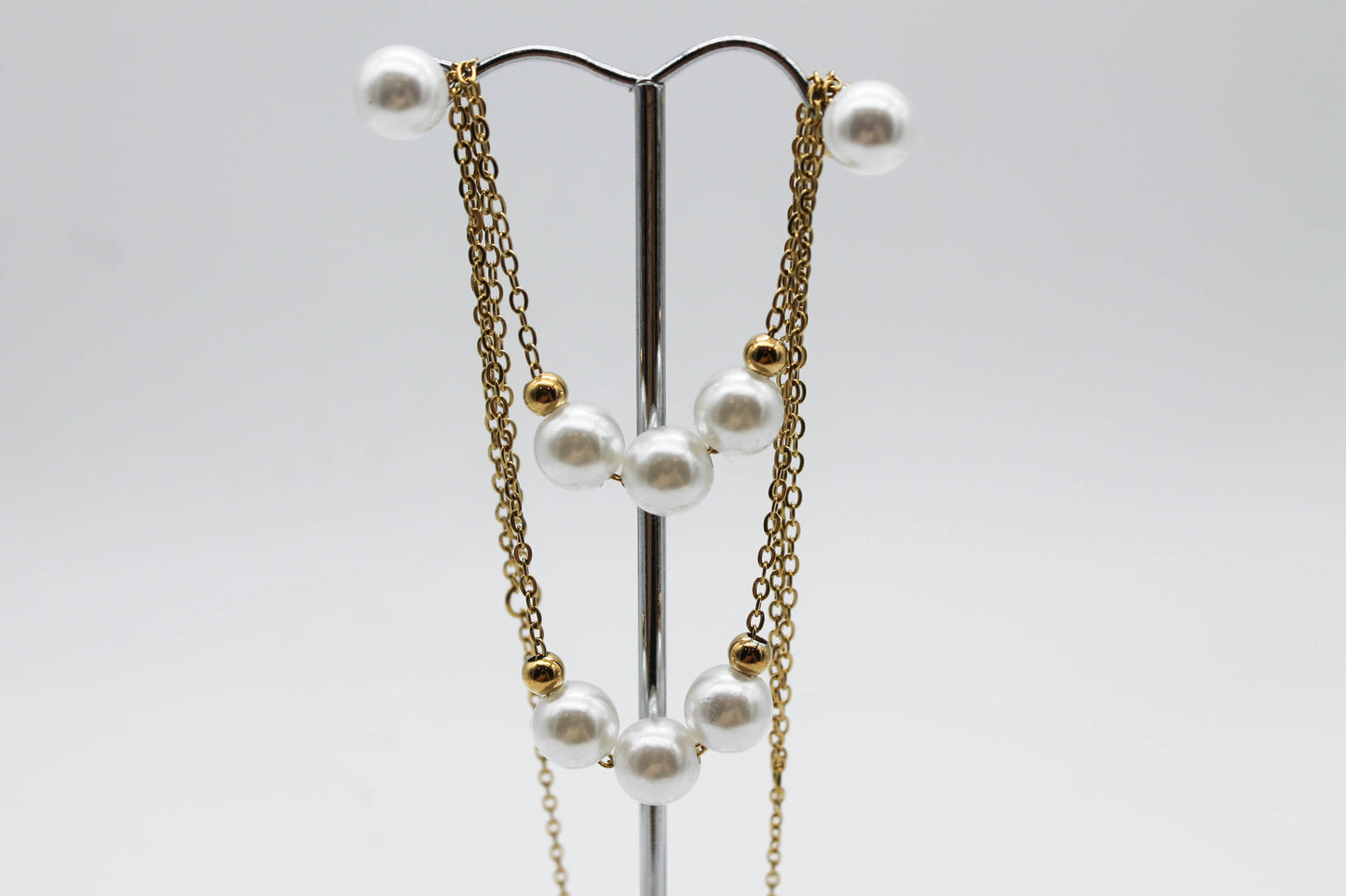 SET DOBLE PERLAS SINTETICAS BROQUEL 8MM; COLLAR ES 30 Y 40CM; TONO DORADO