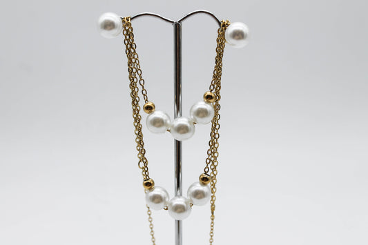 SET DOBLE PERLAS SINTETICAS BROQUEL 8MM; COLLAR ES 30 Y 40CM; TONO DORADO