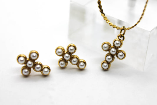 SET CRUZ 12MM PERLAS SINTETICAS; TONO DORADO