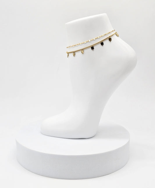 TOBILLERA DOBLE CADENA TREBOLES 21 CMS + 5 CMS EXTENSION; TONO DORADO