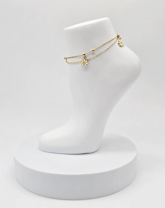 TOBILLERA DOBLE CADENA MARGARITAS ESMALTE BLANCO 21 CMS + 5 CMS EXTENSION; TONO DORADO