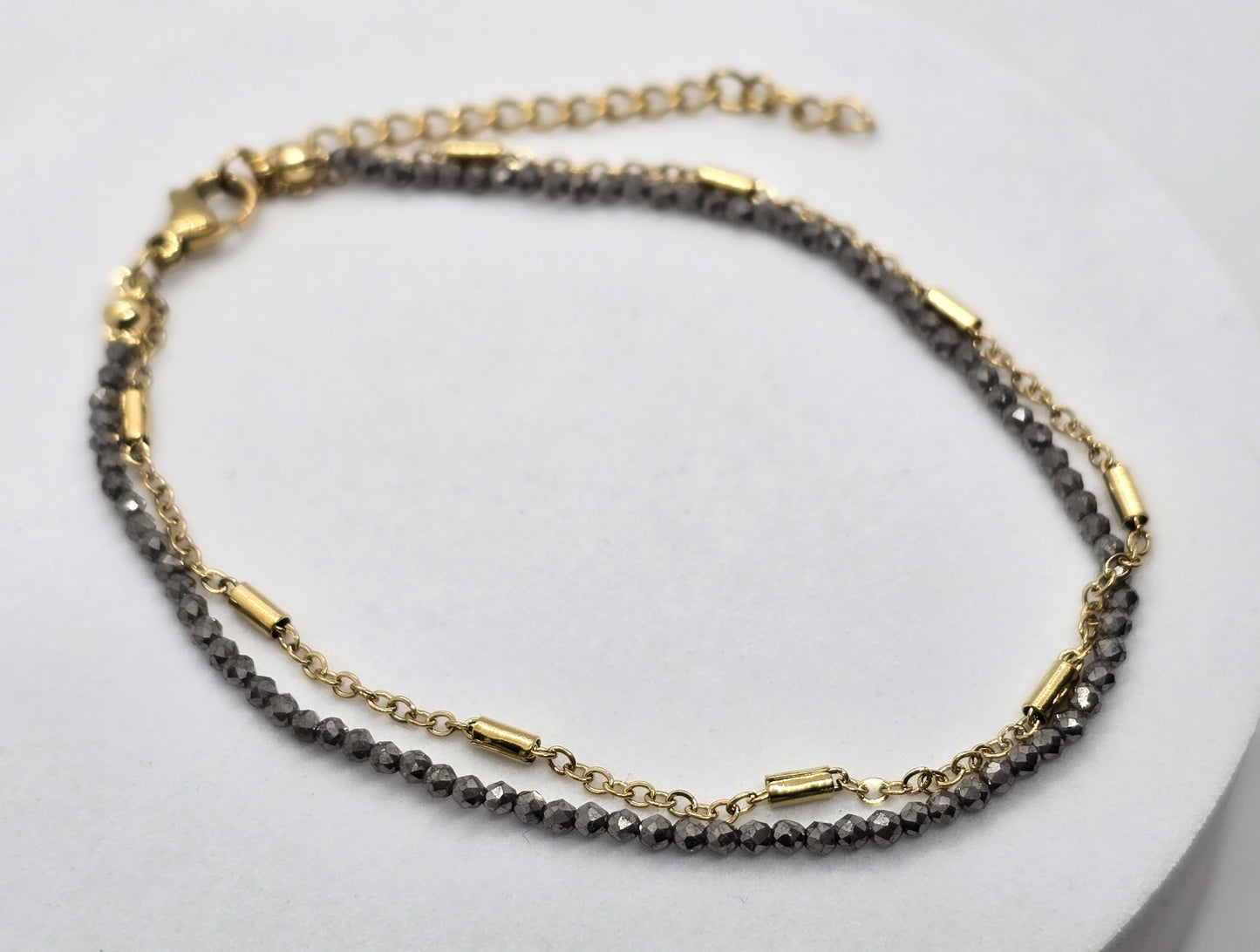 TOBILLERA DOBLE CADENA ZIRCONIAS GRISES 21 CMS + 5 CMS EXTENSION