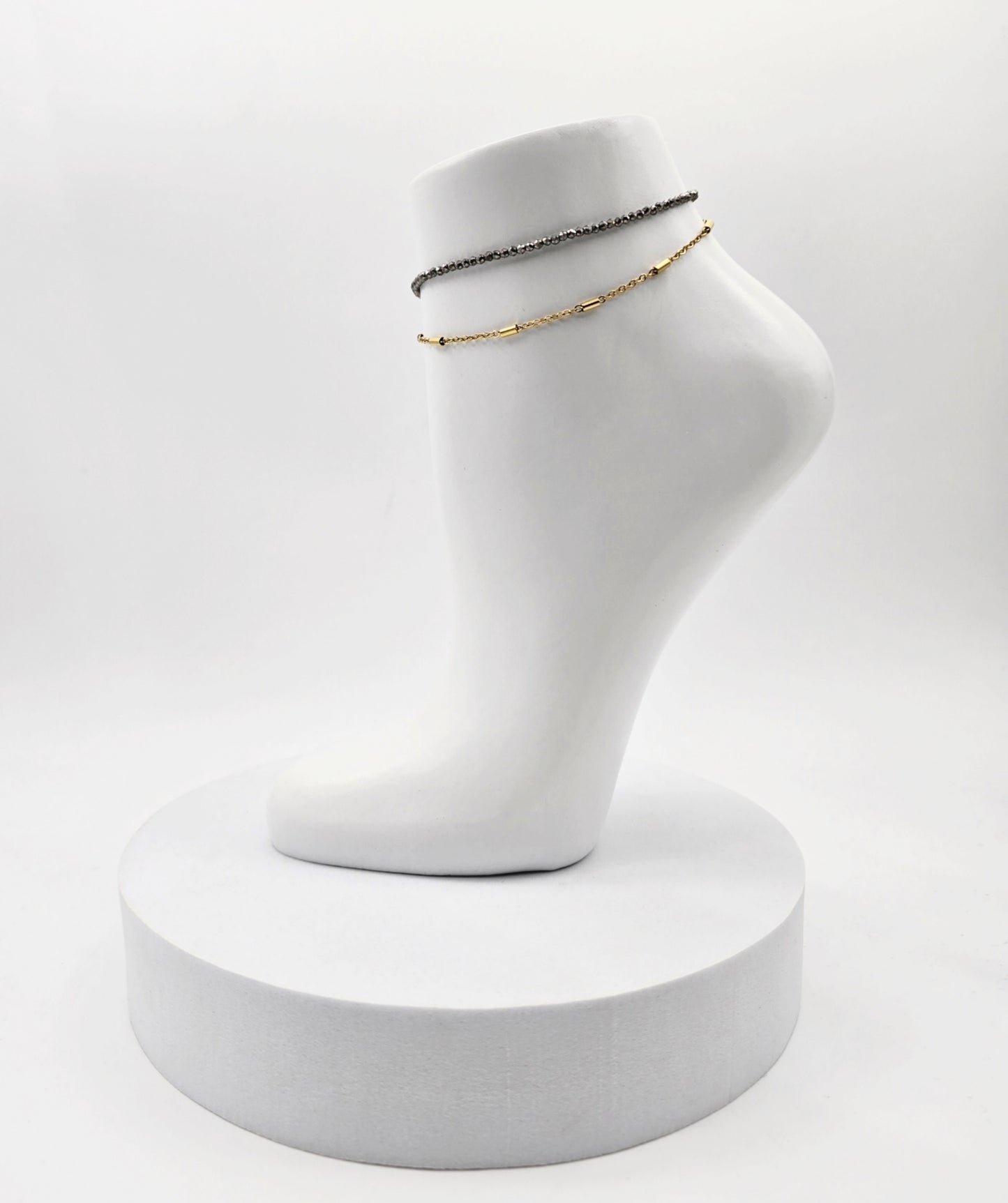 TOBILLERA DOBLE CADENA ZIRCONIAS GRISES 21 CMS + 5 CMS EXTENSION