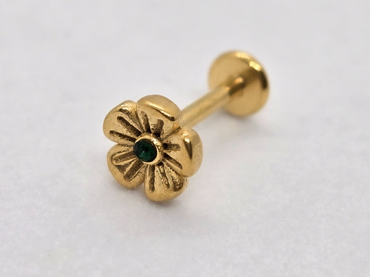 PIERCING FLOR CIRCONIA VERDE ESMERALDA; TONO DORADO