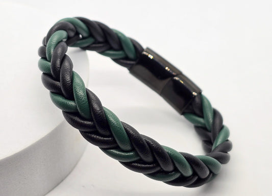 PULSERA CABALLERO PIEL TRENZADA NEGRO/VERDE; BROCHE ACERO NEGRO