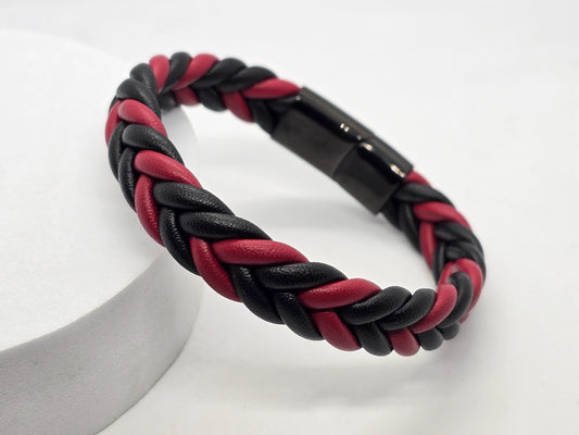 PULSERA CABALLERO PIEL TRENZADA NEGRO/ROJO; BROCHE ACERO NEGRO