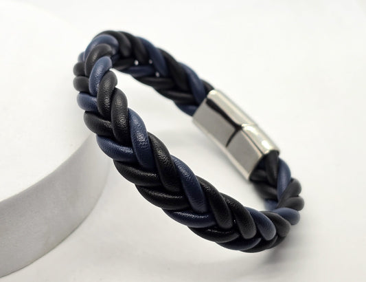 PULSERA CABALLERO PIEL TRENZADA NEGRO/AZUL; BROCHE ACERO PLATEADO