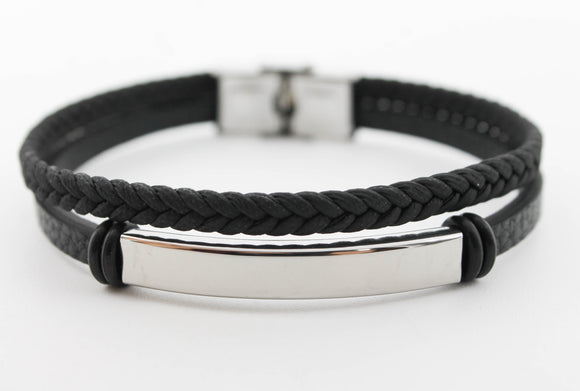 PULSERA CABALLERO 2 EN 1, PLACA ACERO - TRENZA PIEL NEGRA