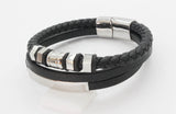 PULSERA 3 EN1, PLACA Y BARRILES PLATEADOS, PIEL NEGRA