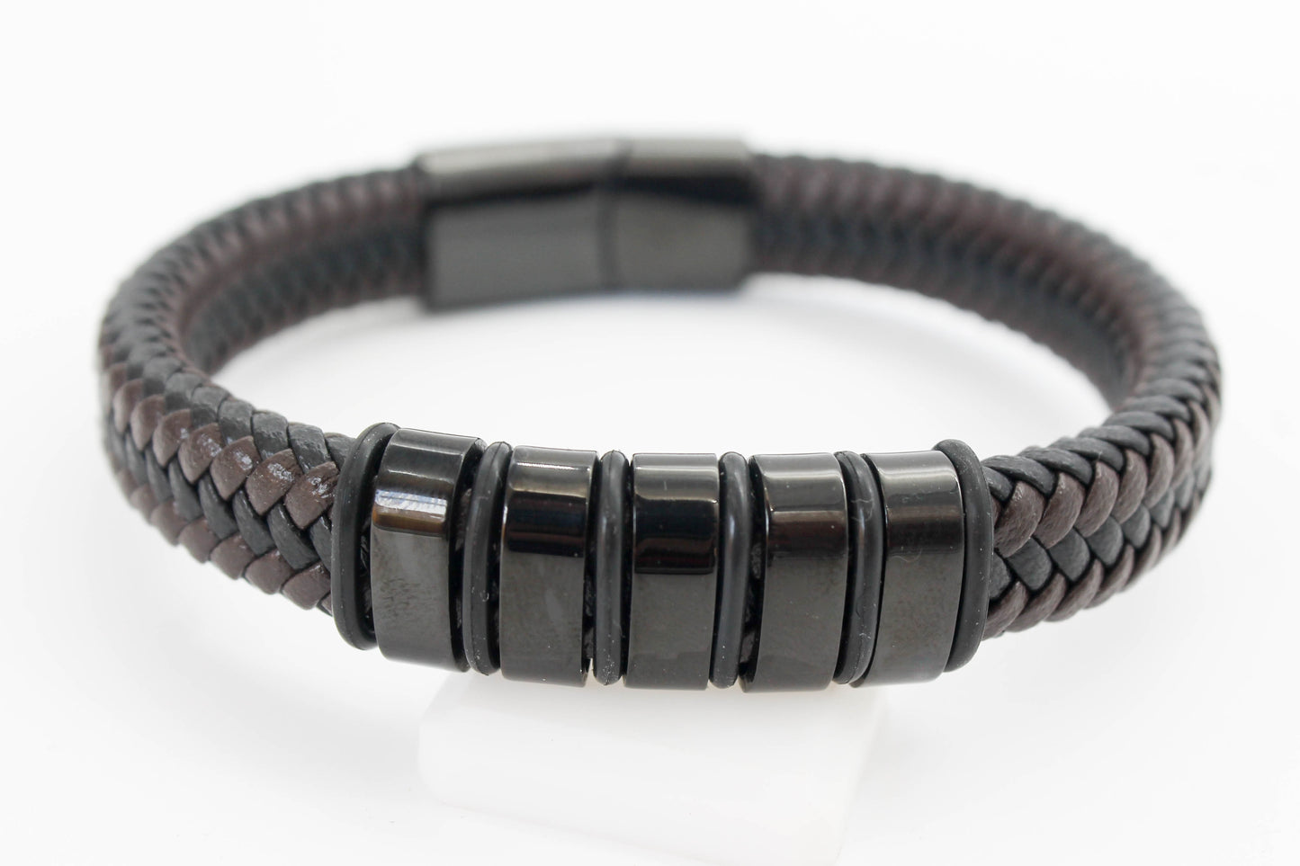 PULSERA CABALLERO 5 PLACAS NEGRAS TRENZA GRUESA BROCHE NEGRO