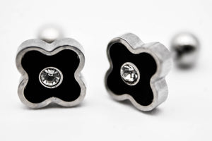 BROQUEL FLOR NEGRA 4 PETALOS CIRCONIA, CON POSTE