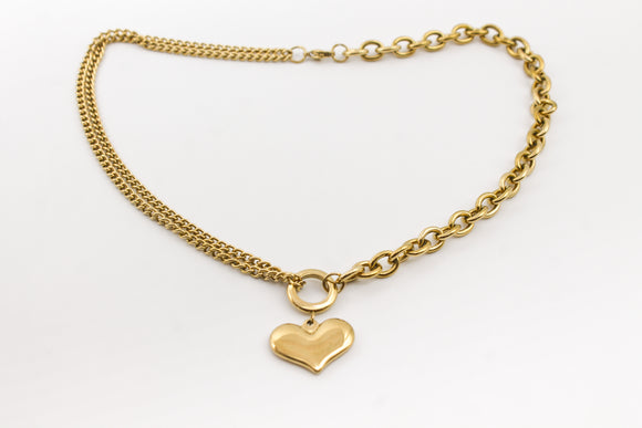 COLLAR CORAZON MIO 25 MM CADENA GRUESA Y CADENA DOBLE BARBADA, TONO DORADO