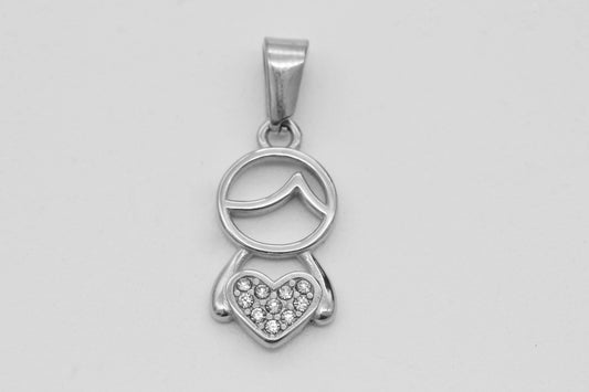 DIJE NIÑO ABRAZO CORAZON DE CIRCONIAS 15 MM, PLATEADO